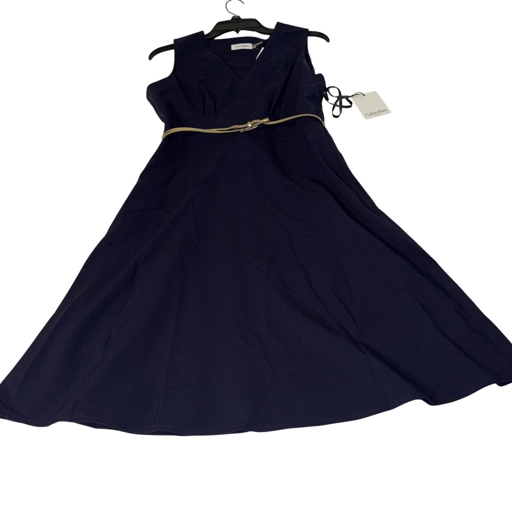 Calvin Klein Dress Womens 6 Navy Fit Flare Belted Sleeveless